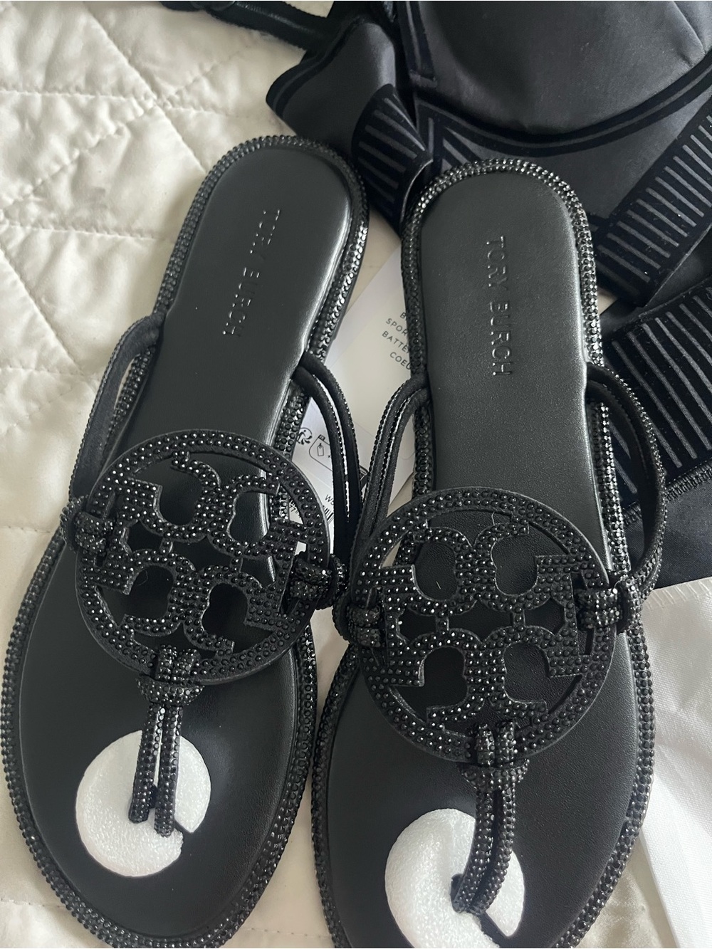 Tory Burch Black Embellished Logo Thong Sandals